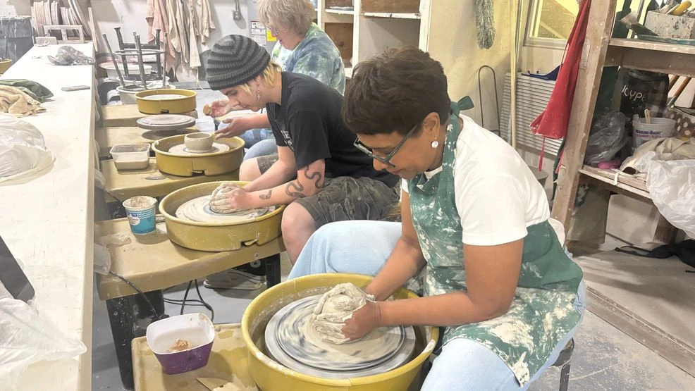 Wheels turn inside Marshall’s ceramics studio in preparation for Empty Bowls fundraiser